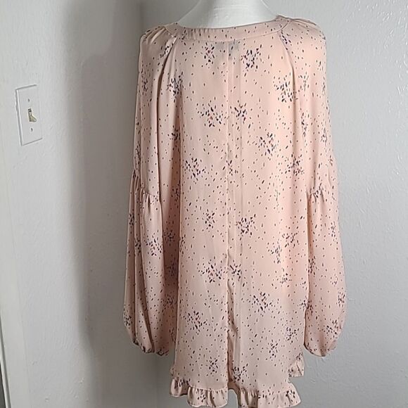 a.n.a. Light Pink Blouse, Splashes of Navy, Lace-up Neckline/Ruffles, Sz Large - Picture 9 of 11